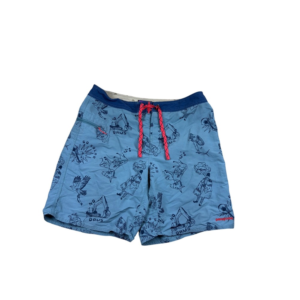Patagonia Mens 34 Board Shorts Blue No Dams Go Solar Graphic Print